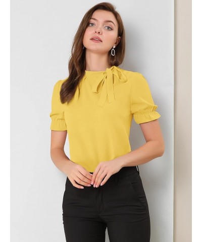 Women's Bow Tie Neck Tops Elegant Office Short Sleeve Blouse Yellow $15.67 Blouses