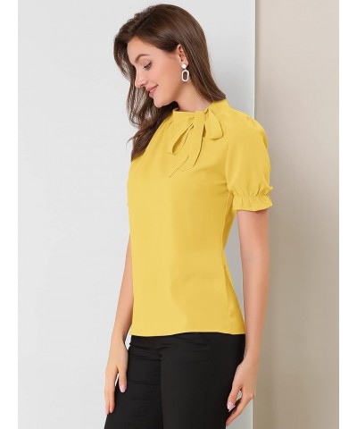 Women's Bow Tie Neck Tops Elegant Office Short Sleeve Blouse Yellow $15.67 Blouses