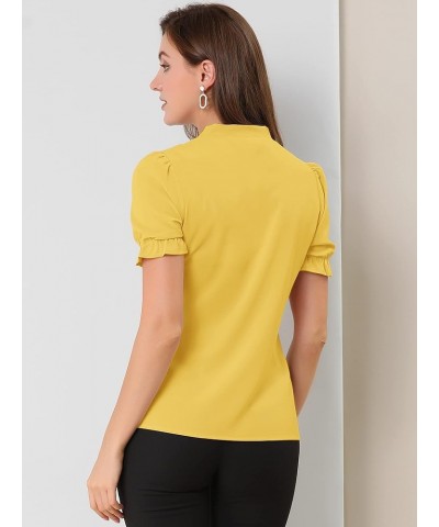 Women's Bow Tie Neck Tops Elegant Office Short Sleeve Blouse Yellow $15.67 Blouses