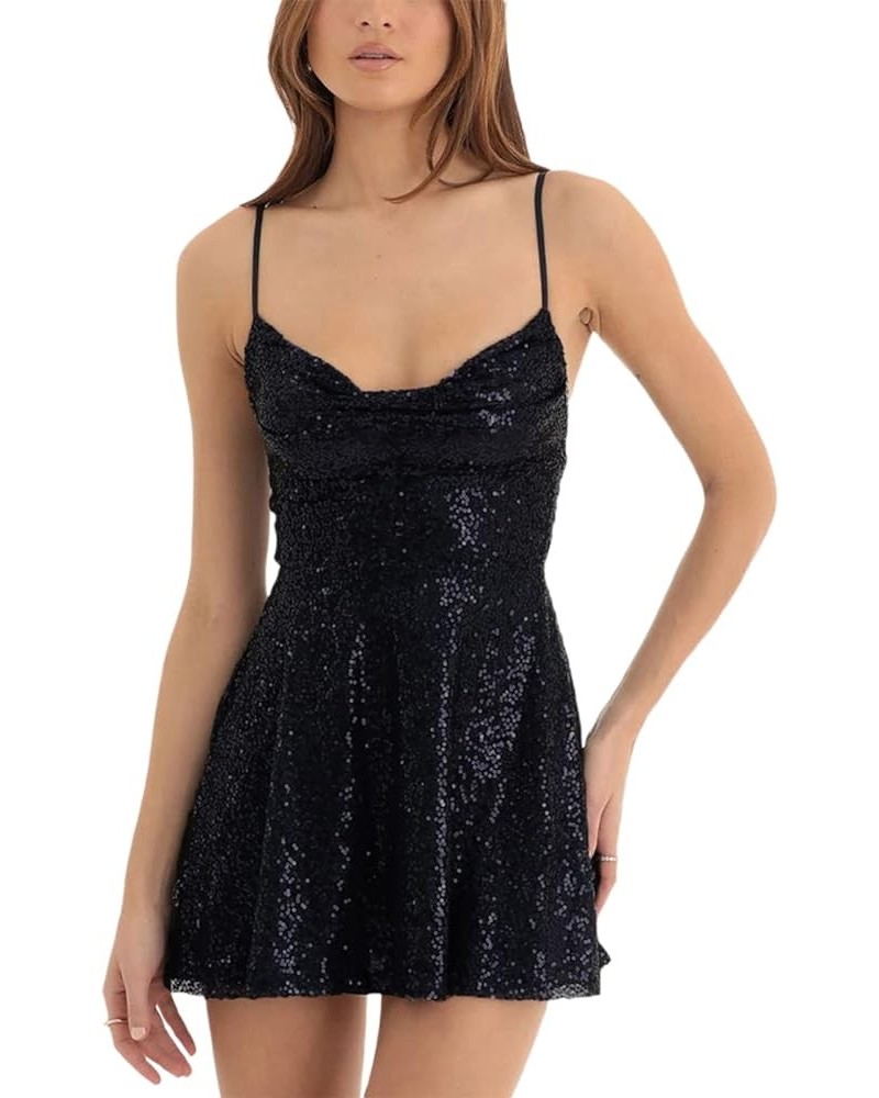 Women Sparkly Sequin Mini Dress Low Cut Backless Spaghetti Strap Shiny Dress Glitter Disco Party Dress Clubwear B Ruched Blac...