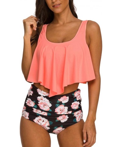 Women's High Neck Two Piece Bathing Suits Top Ruffled High Waist Swimsuit Tankini Bikini Sets Pink $10.43 Swimsuits