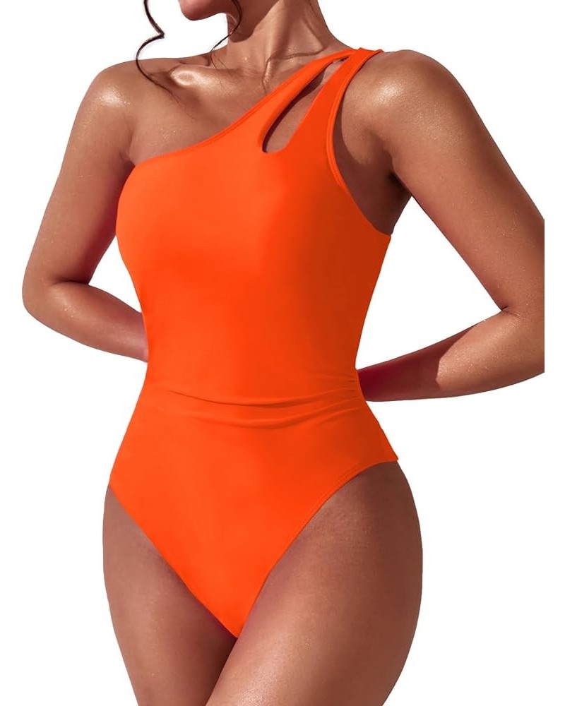 Women One Shoulder One Piece Swimsuit Tummy Control Bathing Suits Modest Full Coverage Keyhole Swimwear Orange $16.98 Swimsuits