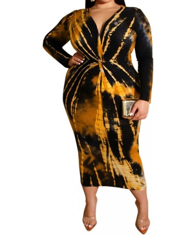 Women Sexy Plus Size Dress - Club Outfits Floral Print V Neck Long Sleeve Tie Dye Party Bodycon Dress Yellow $13.34 Dresses