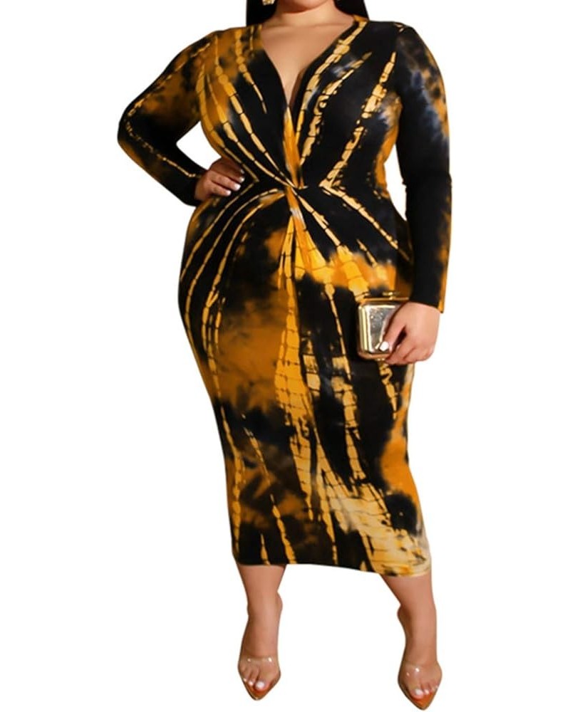 Women Sexy Plus Size Dress - Club Outfits Floral Print V Neck Long Sleeve Tie Dye Party Bodycon Dress Yellow $13.34 Dresses