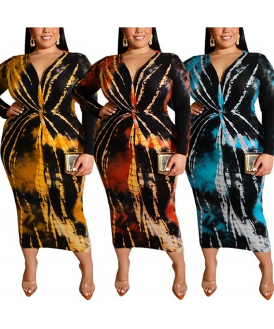 Women Sexy Plus Size Dress - Club Outfits Floral Print V Neck Long Sleeve Tie Dye Party Bodycon Dress Yellow $13.34 Dresses