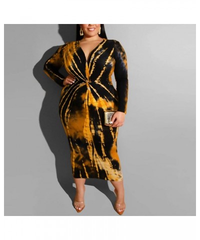 Women Sexy Plus Size Dress - Club Outfits Floral Print V Neck Long Sleeve Tie Dye Party Bodycon Dress Yellow $13.34 Dresses