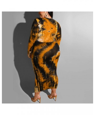 Women Sexy Plus Size Dress - Club Outfits Floral Print V Neck Long Sleeve Tie Dye Party Bodycon Dress Yellow $13.34 Dresses