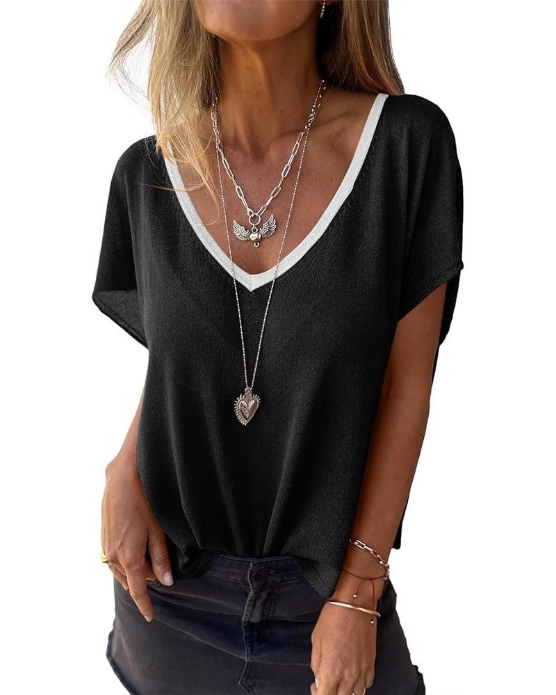 Womens Summer Contrast V Neck Sweater Top Cap Sleeve Casual Loose Knit Pullover T Shirt Black $14.55 Sweaters