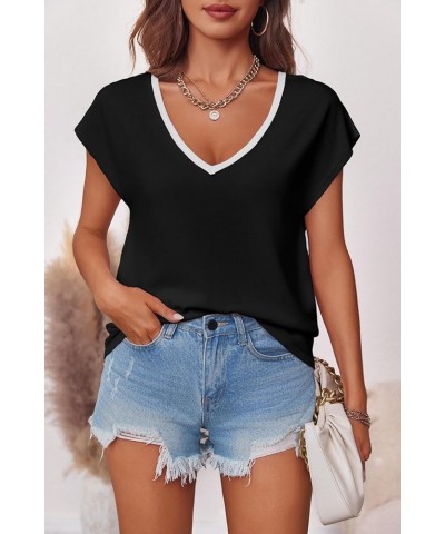 Womens Summer Contrast V Neck Sweater Top Cap Sleeve Casual Loose Knit Pullover T Shirt Black $14.55 Sweaters