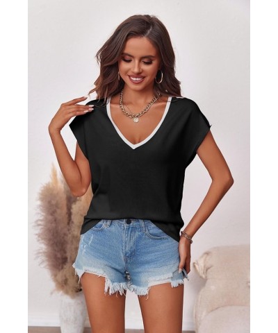 Womens Summer Contrast V Neck Sweater Top Cap Sleeve Casual Loose Knit Pullover T Shirt Black $14.55 Sweaters