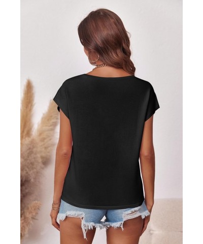 Womens Summer Contrast V Neck Sweater Top Cap Sleeve Casual Loose Knit Pullover T Shirt Black $14.55 Sweaters