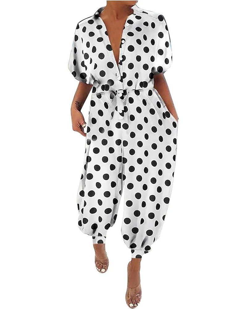 Women Summer Elegant Lapel Polka Dot Print One-Piece Loose Wide Leg Pants Jumpsuits Romper White $11.72 Jumpsuits