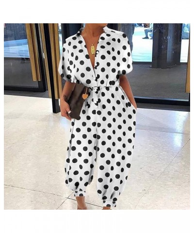 Women Summer Elegant Lapel Polka Dot Print One-Piece Loose Wide Leg Pants Jumpsuits Romper White $11.72 Jumpsuits