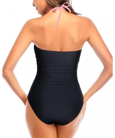 Women Sexy Cutout One Piece Swimsuits Tummy Control High Waisted Halter Front Tie Knot Bathing Suit Pink Black $18.80 Swimsuits