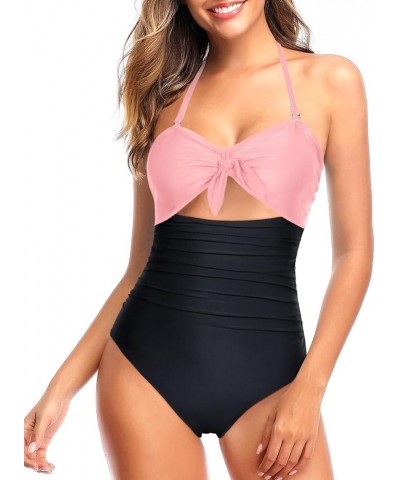 Women Sexy Cutout One Piece Swimsuits Tummy Control High Waisted Halter Front Tie Knot Bathing Suit Pink Black $18.80 Swimsuits