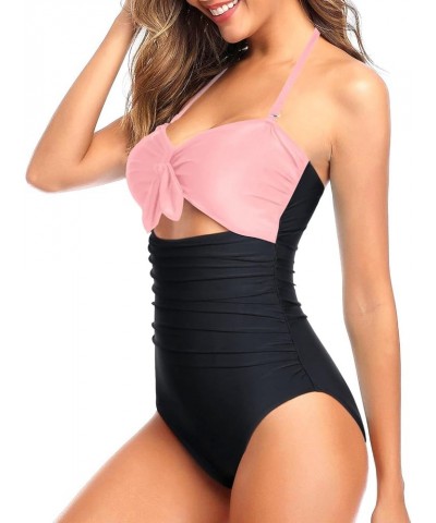 Women Sexy Cutout One Piece Swimsuits Tummy Control High Waisted Halter Front Tie Knot Bathing Suit Pink Black $18.80 Swimsuits