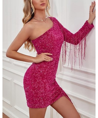 One Shoulder Sparkly Sequin Homecoming Dresses Long Sleeve Tassel Bodycon Short Prom Dresses for Women Formal Black $45.36 Dr...