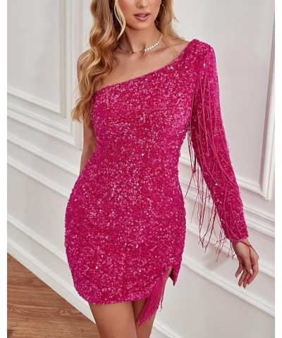 One Shoulder Sparkly Sequin Homecoming Dresses Long Sleeve Tassel Bodycon Short Prom Dresses for Women Formal Black $45.36 Dr...