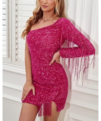 One Shoulder Sparkly Sequin Homecoming Dresses Long Sleeve Tassel Bodycon Short Prom Dresses for Women Formal Black $45.36 Dr...