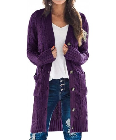 Long Sleeve Cable Knit Long Cardigan for Women 2023 Fall Winter Chunky Open Front Button Sweaters with Pockets Deep Purple $2...