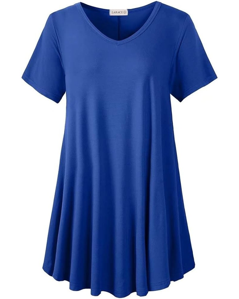 Casual Tops for Womens Summer Clothes Loose Fit Short Sleeve Shirts Flowy V Neck Tunic Plus Size Blouse Royal Blue $14.49 Tops