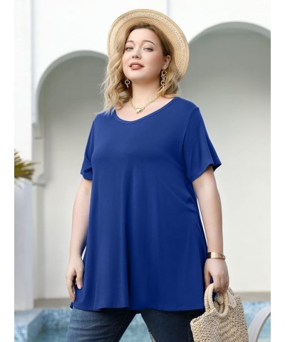 Casual Tops for Womens Summer Clothes Loose Fit Short Sleeve Shirts Flowy V Neck Tunic Plus Size Blouse Royal Blue $14.49 Tops