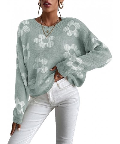 Women's Ribbed Knit Long Sleeve Top Floral Drop Shoulder Loose Sweater Mint Green $23.51 Sweaters