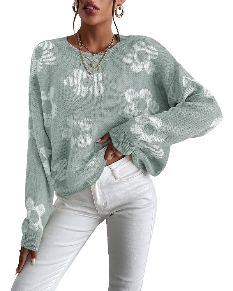 Women's Ribbed Knit Long Sleeve Top Floral Drop Shoulder Loose Sweater Mint Green $23.51 Sweaters