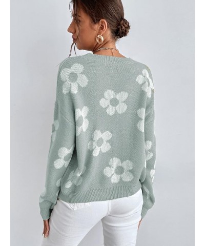 Women's Ribbed Knit Long Sleeve Top Floral Drop Shoulder Loose Sweater Mint Green $23.51 Sweaters