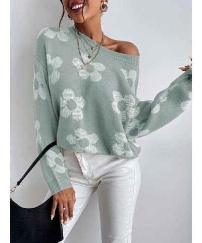 Women's Ribbed Knit Long Sleeve Top Floral Drop Shoulder Loose Sweater Mint Green $23.51 Sweaters