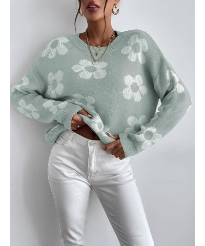 Women's Ribbed Knit Long Sleeve Top Floral Drop Shoulder Loose Sweater Mint Green $23.51 Sweaters