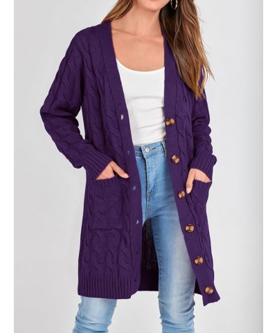 Long Sleeve Cable Knit Long Cardigan for Women 2023 Fall Winter Chunky Open Front Button Sweaters with Pockets Deep Purple $2...