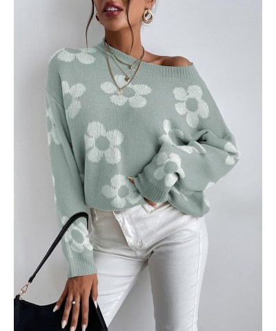 Women's Ribbed Knit Long Sleeve Top Floral Drop Shoulder Loose Sweater Mint Green $23.51 Sweaters