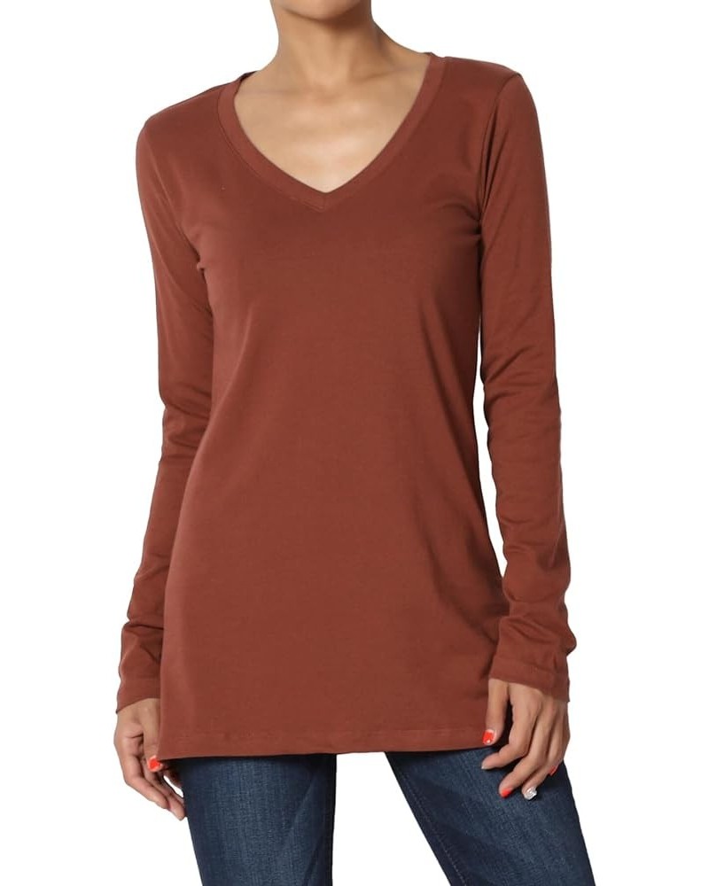 S~3X V-Neck Long Sleeve Top Stretch Cotton Relaxed Slim Fit T-Shirt Dark Rust $10.63 T-Shirts