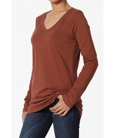 S~3X V-Neck Long Sleeve Top Stretch Cotton Relaxed Slim Fit T-Shirt Dark Rust $10.63 T-Shirts