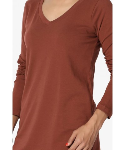 S~3X V-Neck Long Sleeve Top Stretch Cotton Relaxed Slim Fit T-Shirt Dark Rust $10.63 T-Shirts