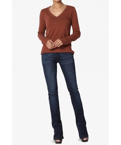 S~3X V-Neck Long Sleeve Top Stretch Cotton Relaxed Slim Fit T-Shirt Dark Rust $10.63 T-Shirts