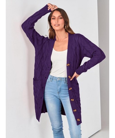 Long Sleeve Cable Knit Long Cardigan for Women 2023 Fall Winter Chunky Open Front Button Sweaters with Pockets Deep Purple $2...