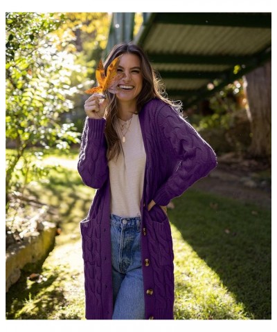 Long Sleeve Cable Knit Long Cardigan for Women 2023 Fall Winter Chunky Open Front Button Sweaters with Pockets Deep Purple $2...