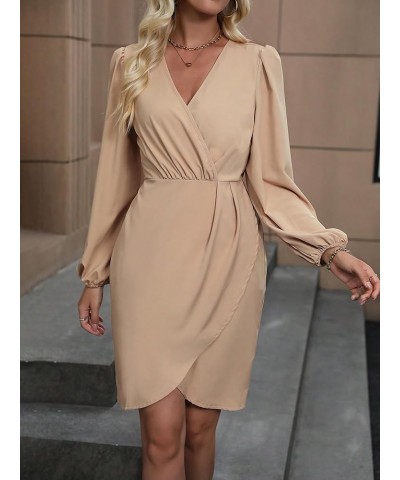 Womens Long Sleeve Dresses Wrap V Neck Ruffle Mini Short Dress Beige $14.35 Dresses