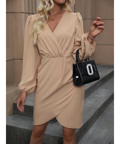 Womens Long Sleeve Dresses Wrap V Neck Ruffle Mini Short Dress Beige $14.35 Dresses