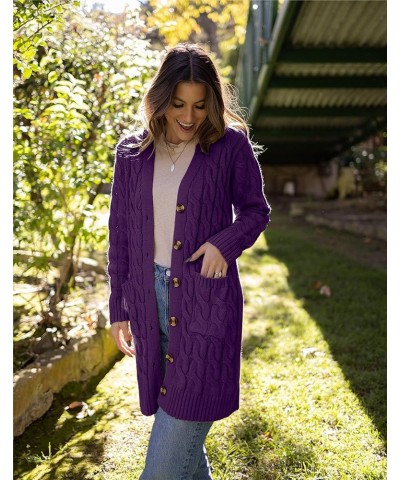 Long Sleeve Cable Knit Long Cardigan for Women 2023 Fall Winter Chunky Open Front Button Sweaters with Pockets Deep Purple $2...