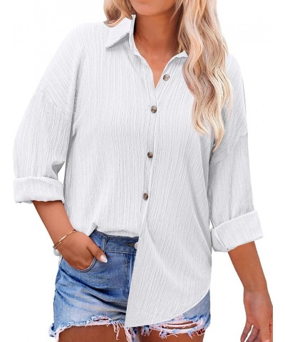 Womens Plus Size Button Down Shirt Casual Long Sleeve V Neck Collared Work Blouses Summer Wrinkled Tops White $18.14 Blouses