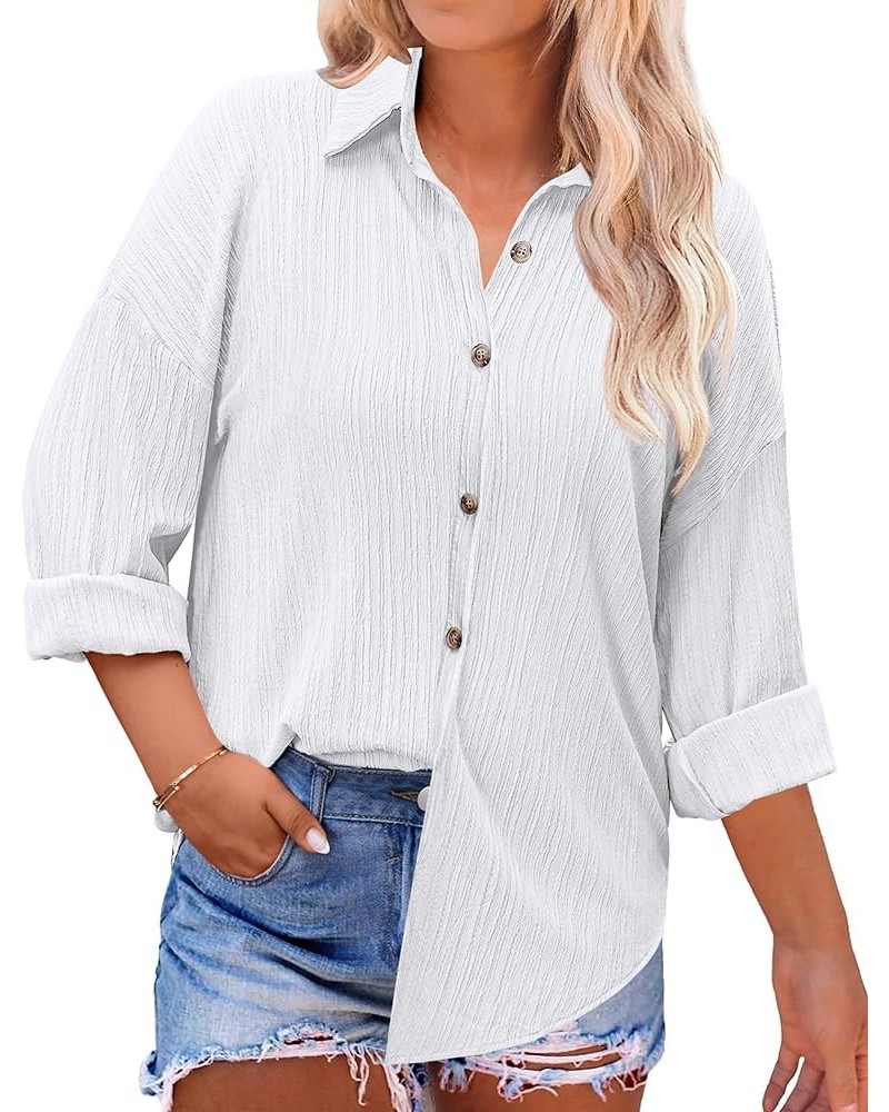 Womens Plus Size Button Down Shirt Casual Long Sleeve V Neck Collared Work Blouses Summer Wrinkled Tops White $18.14 Blouses