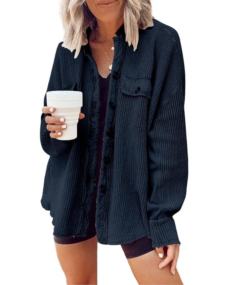 Women's Vintage Banded Collar Button Down Baggy Loose Fit Mid-Weight Frayed Waffle Knit Shacket Shirt Tops Navy Blue $21.94 B...