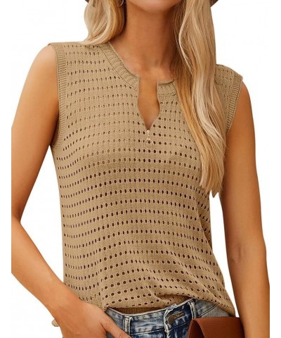 Womens Crochet Sleeveless Tank Tops Crewneck Hollow Out Cool Vest Lightweight Trendy Summer Blouse Shirts Z-khaki $14.39 Vests