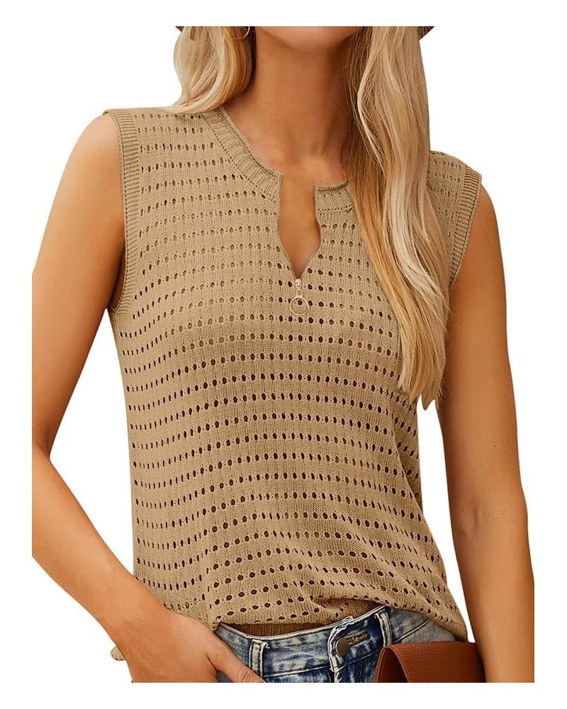 Womens Crochet Sleeveless Tank Tops Crewneck Hollow Out Cool Vest Lightweight Trendy Summer Blouse Shirts Z-khaki $14.39 Vests