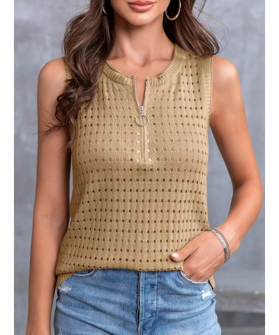 Womens Crochet Sleeveless Tank Tops Crewneck Hollow Out Cool Vest Lightweight Trendy Summer Blouse Shirts Z-khaki $14.39 Vests