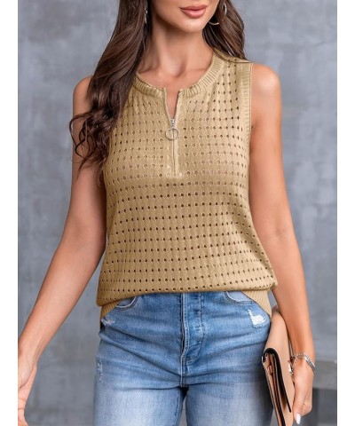 Womens Crochet Sleeveless Tank Tops Crewneck Hollow Out Cool Vest Lightweight Trendy Summer Blouse Shirts Z-khaki $14.39 Vests