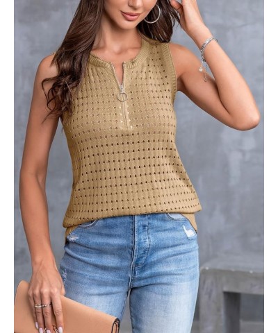 Womens Crochet Sleeveless Tank Tops Crewneck Hollow Out Cool Vest Lightweight Trendy Summer Blouse Shirts Z-khaki $14.39 Vests